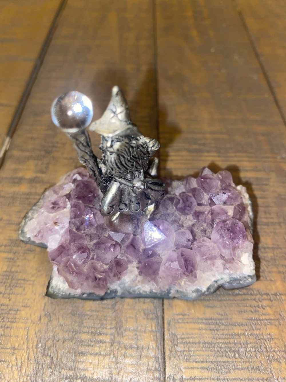 Pewter “Spoontiques” wizard standing on a beautiful amethyst rock.
